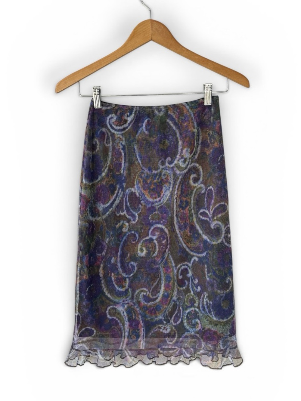 Y2K Jacques Sheer Mesh Midi Skirt Paisley Print Ruffle Hem Stretch 90s Grunge